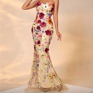 SHEIN Strapless Floral Embroidered Mermaid Gown in Cream with Multicolor Blooms